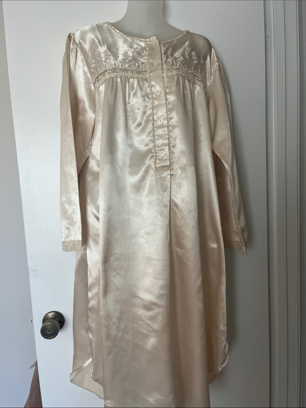 Jaclyn Smith Cream Satin Nightgown with Lace Trim large